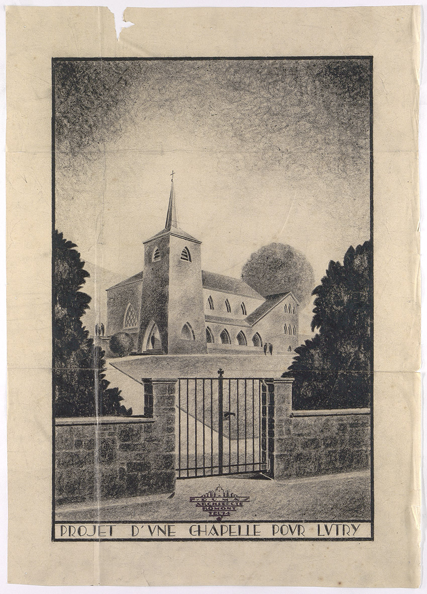 FIG. 7 : « Projet d’une chapelle pour Lutry », vue perspective par Fernand Dumas, mai 1929. Archives de la construction moderne (ACM), EPFL, fonds Fernand Dumas