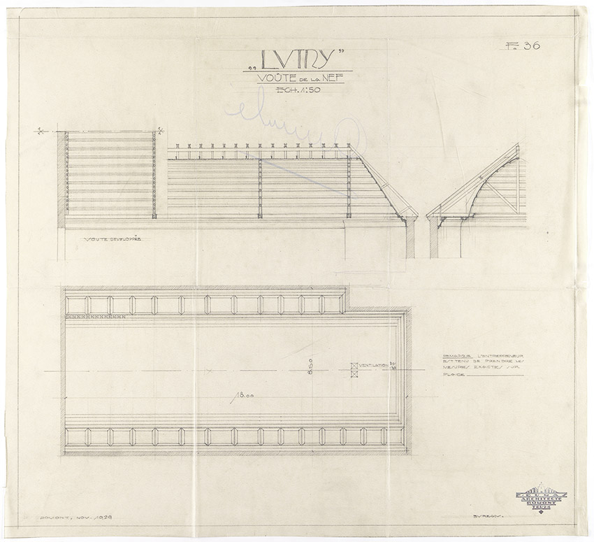 FIG. 8 : Couvrement de la nef, projet de voûte longitudinale en berceau par Fernand Dumas, décembre 1929. Archives de la construction moderne (ACM), EPFL, fonds Fernand Dumas