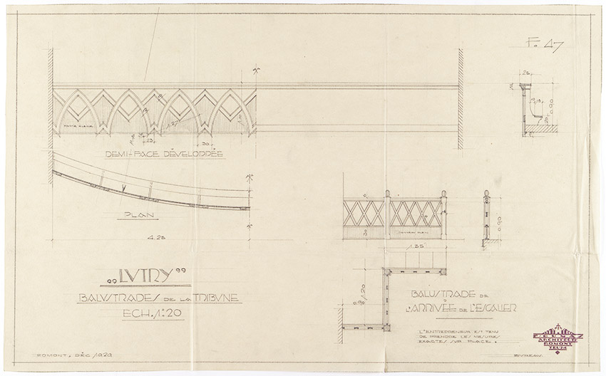FIG. 11 : Balustrades de la tribune, projet de Fernand Dumas, décembre 1929. Archives de la construction moderne (ACM), EPFL, fonds Fernand Dumas