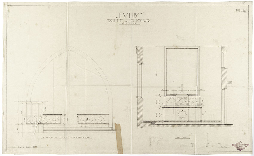 FIG. 44 : Chaire et bancs de communion, maître-autel avec son tabernacle, projet de Fernand Dumas, décembre 1929. Archives de la construction moderne (ACM), EPFL, fonds Fernand Dumas