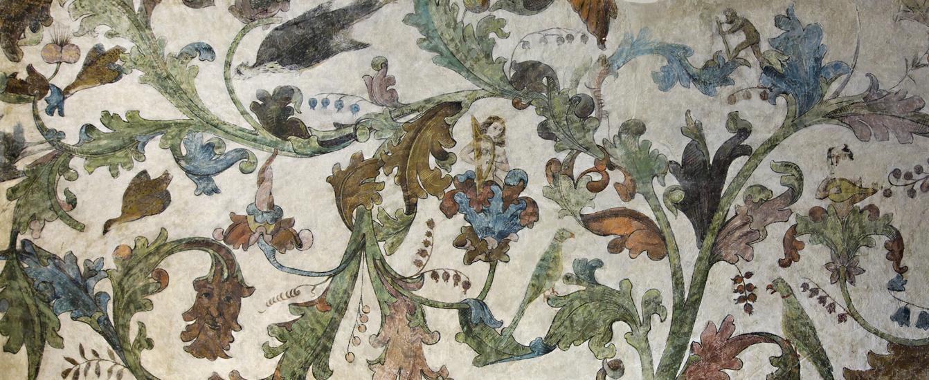 Bildlegende und Copyright: Spalenberg 20. Haus zum Geyer. Wandmalerei in der Nebenstube aus dem Ende des 15. oder Anfang des 16. Jahrhunderts. Foto KDBS, Erik Schmidt, 2009.